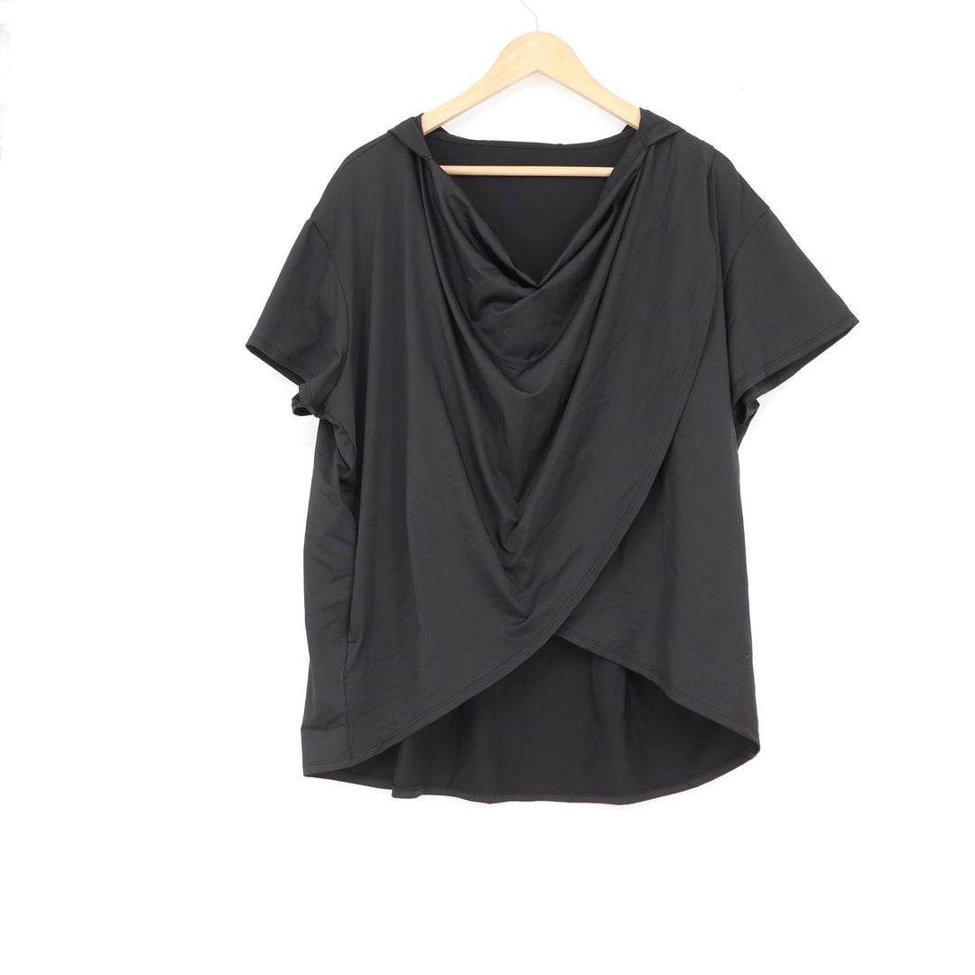 Black Draped Crossover Hooded Short Sleeve Top Athleisure Relaxed Fit