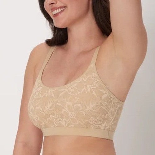 Bali Breathe Cotton Modal Bralette Bra Womens Medium Beige Stretch Lace Overlay