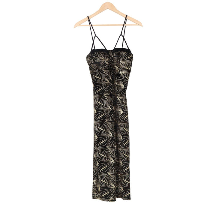 Codigo Black Gold Glitter Sunburst Multi Strap Bodycon Midi Dress Large
