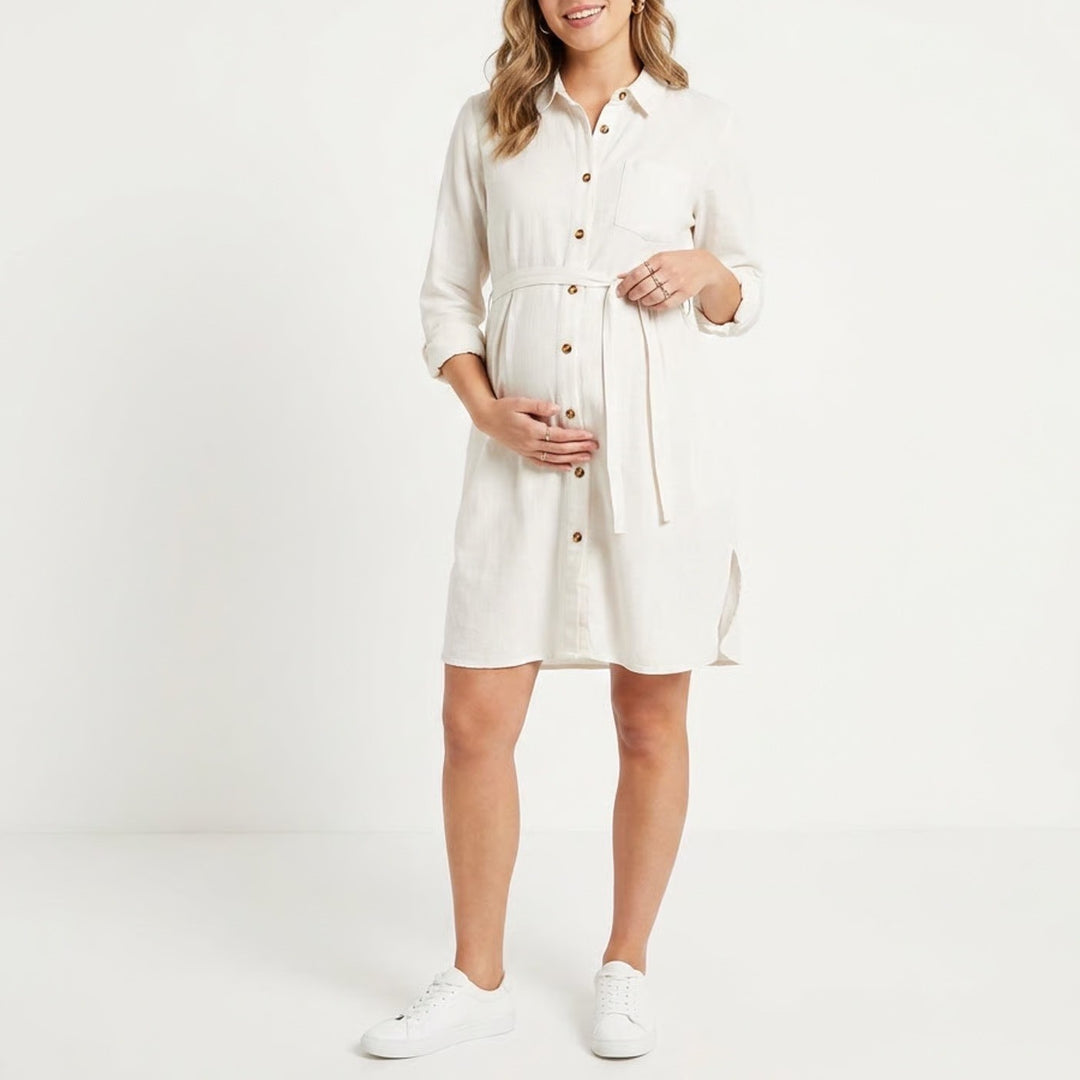 Seraphine White Cotton Maternity Shirt Dress Tie Waist Long Sleeve US 2 UK 6