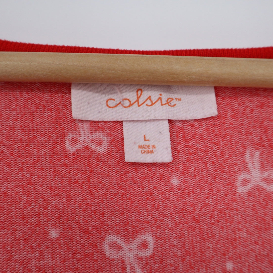 Colsie Red White Bow Print V-Neck Long Sleeve Pajama Top Large Cropped Lounge L