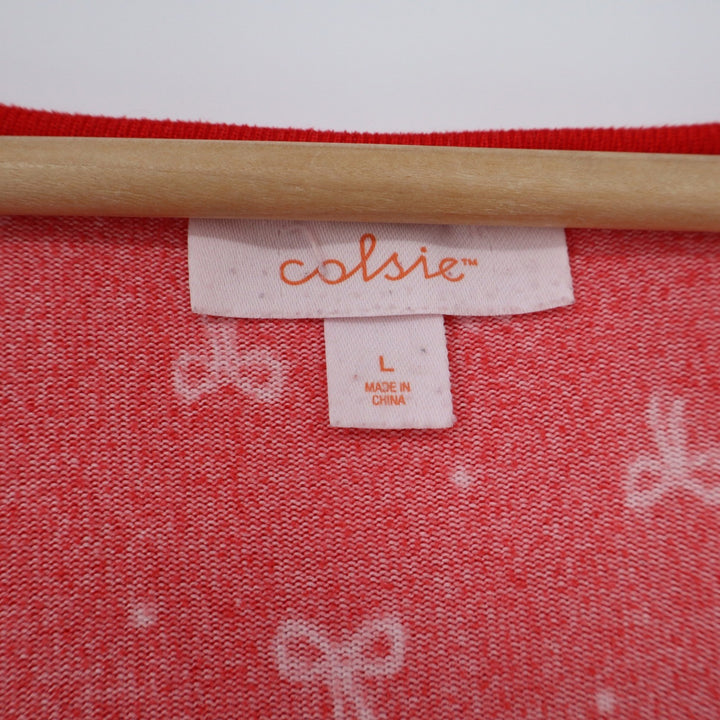 Colsie Red White Bow Print V-Neck Long Sleeve Pajama Top Large Cropped Lounge L