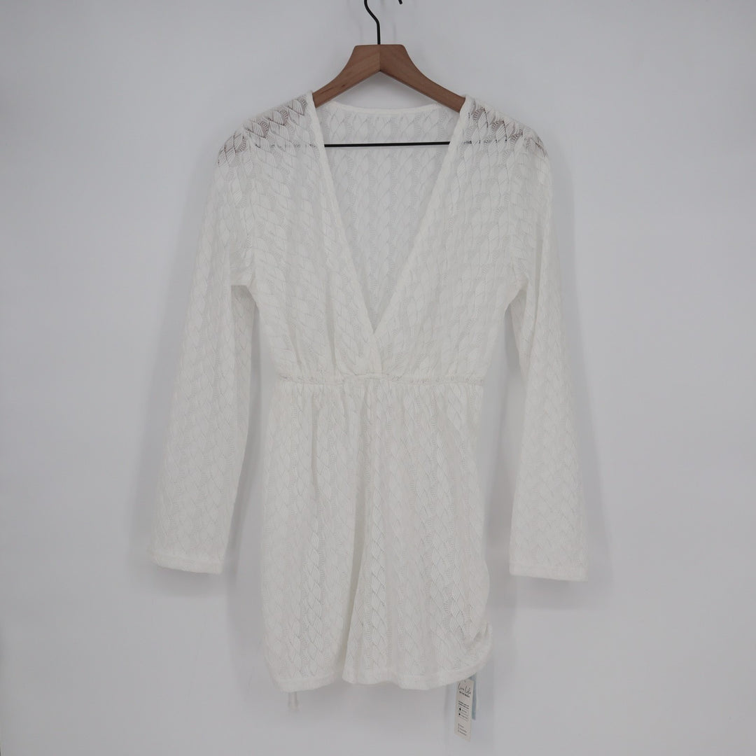 Cupshe Plunging-V Surplice Cover-Up Romper Womens Small White Woven Long Sleeve