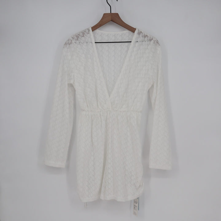 Cupshe Plunging-V Surplice Cover-Up Romper Womens Small White Woven Long Sleeve