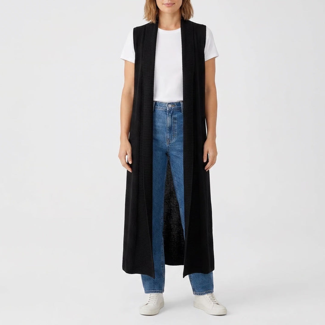 Alya Black Ribbed Longline Sleeveless Open Front Cardigan Vest Duster M