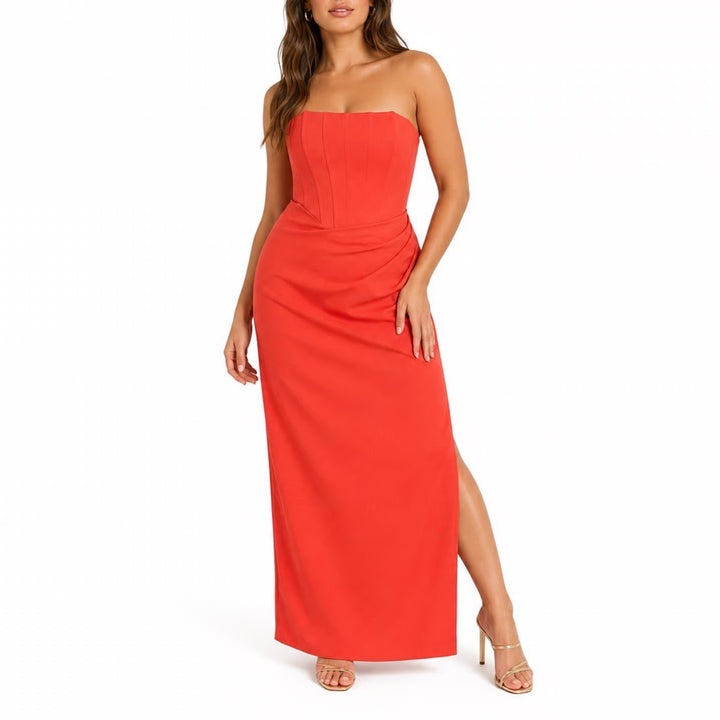 Showpo Avery Midi Dress Orange Strapless Draped Side Split US 14 NEW