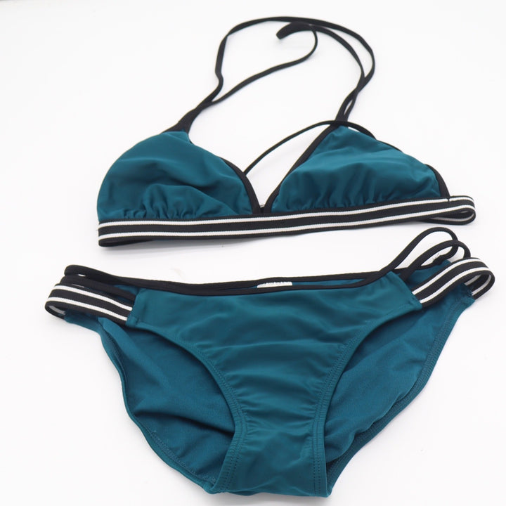 Xhilaration Teal Green Striped Trim Triangle Bikini Set Medium