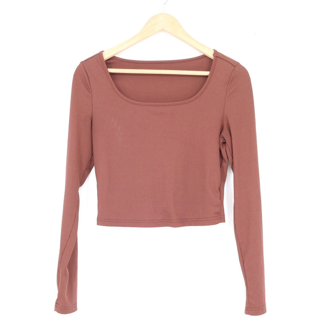 SHEIN Brown Ribbed Square Neck Long Sleeve Crop Top Womens Medium