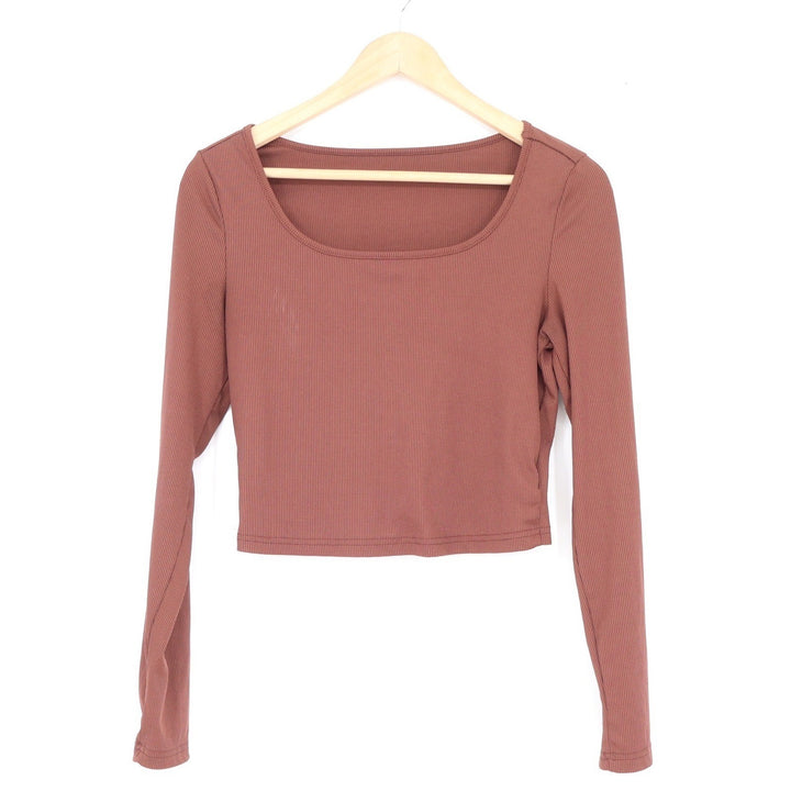 SHEIN Brown Ribbed Square Neck Long Sleeve Crop Top Womens Medium