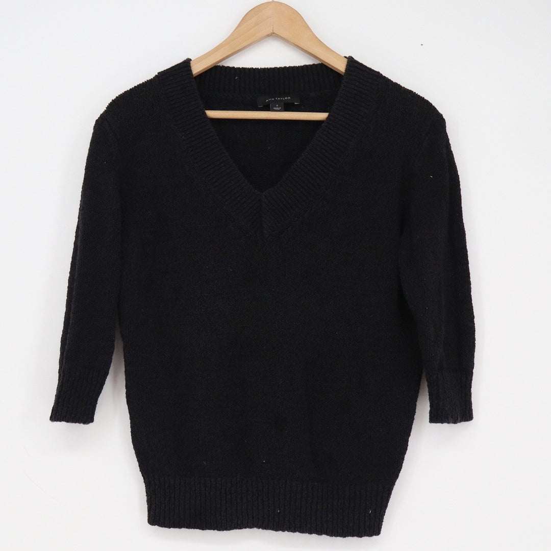 Ann Taylor Black V-Neck Sweater 3/4 Sleeve Knit Pullover Top Small