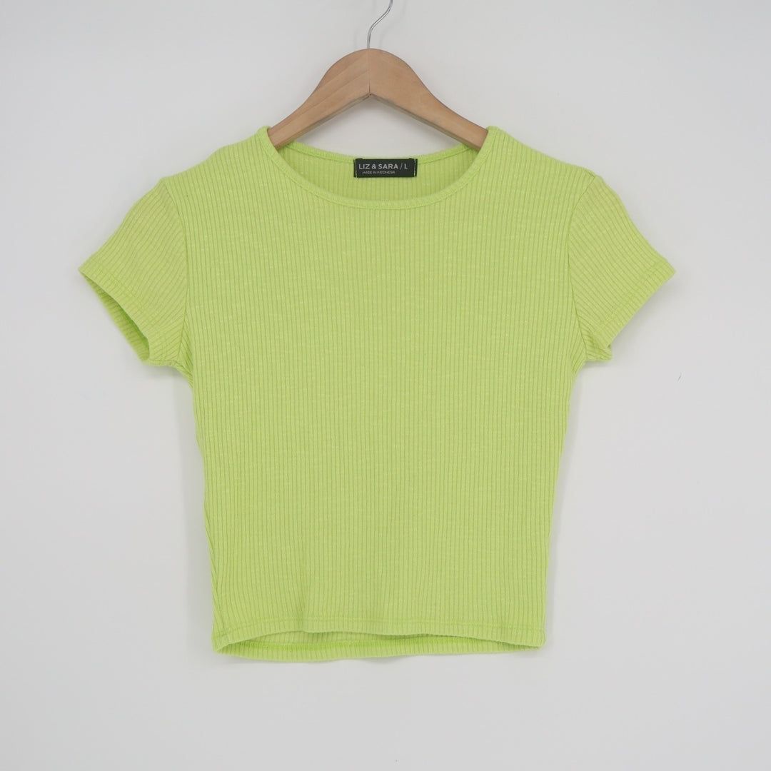 Liz & Sara Crop Top Womens Large Green Stretch Ribbed Short Sleeve Round Neck