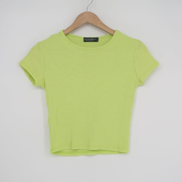 Liz & Sara Crop Top Womens Large Green Stretch Ribbed Short Sleeve Round Neck