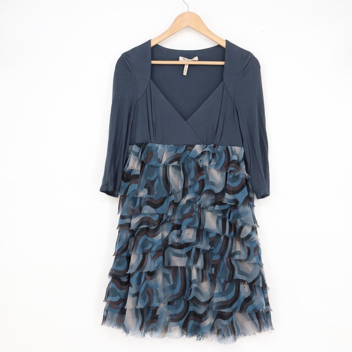 BCBGeneration Blue Abstract Tiered Ruffle Mini Dress 3/4 Sleeve Size 10