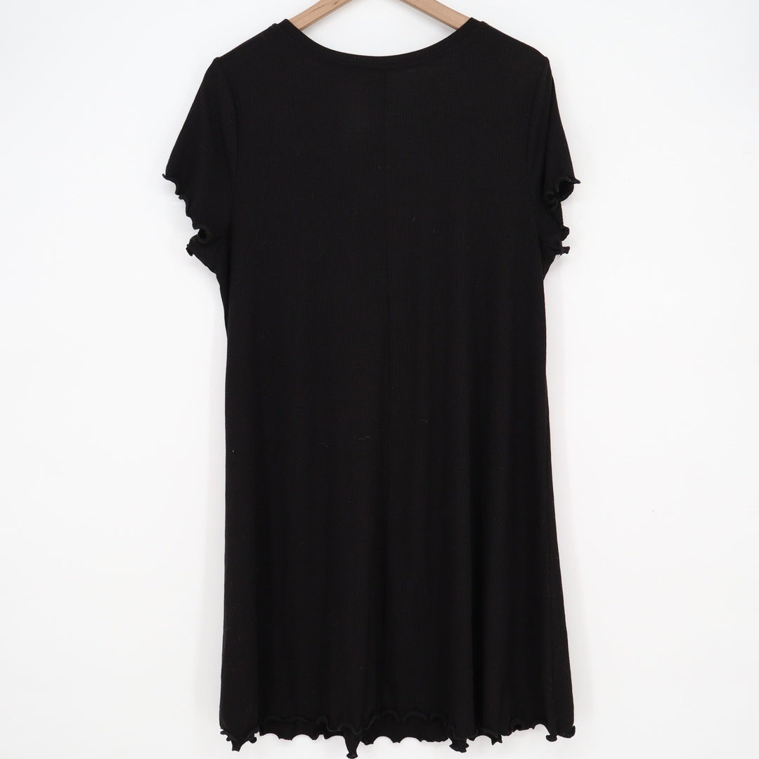 SO Black Ribbed Lettuce Edge Short Sleeve Pocket T-Shirt Dress XL