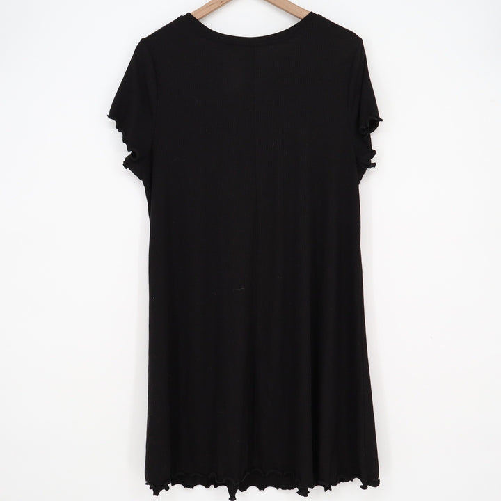 SO Black Ribbed Lettuce Edge Short Sleeve Pocket T-Shirt Dress XL