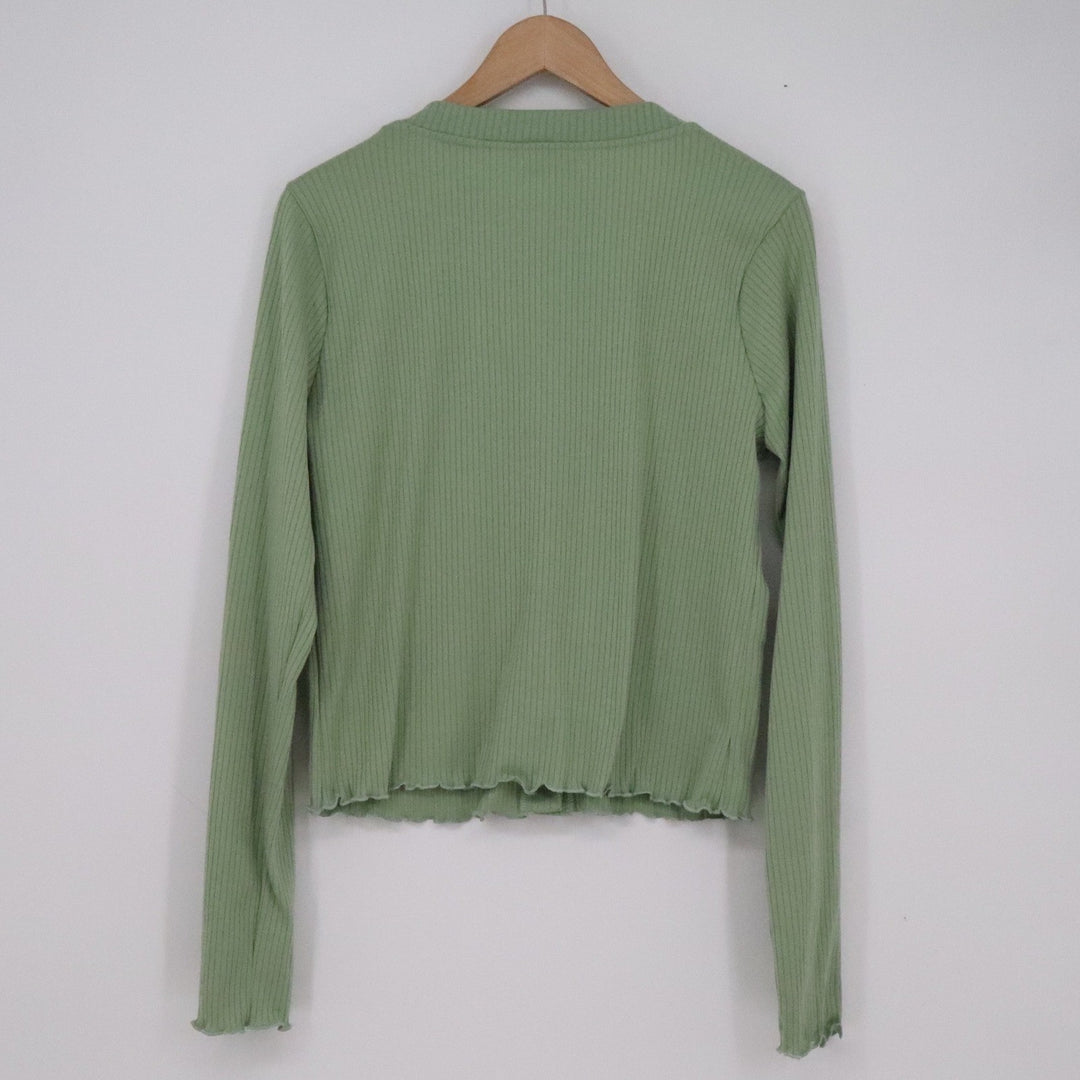 Lost + Wander Algea Sage Green Ribbed V-Neck Button Front Cardigan L