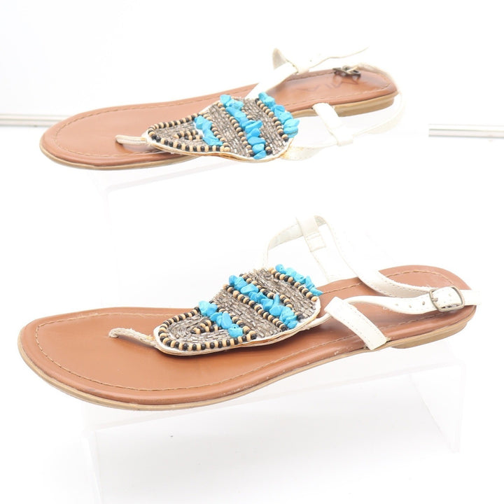 MIA Emma White Beaded Turquoise Boho Thong Slingback Sandals Womens Size 8