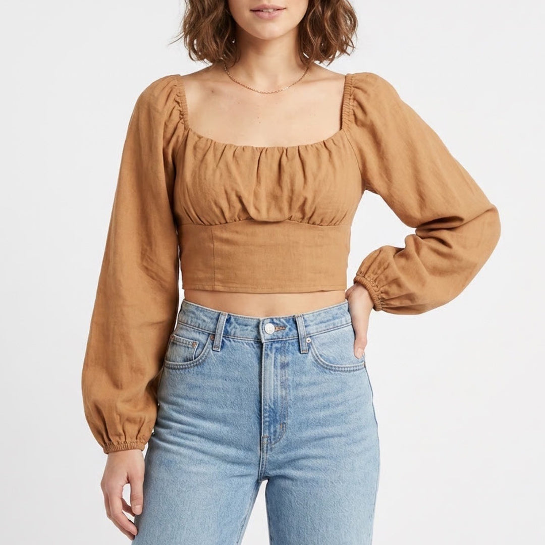 Wild Fable Crop Top Womens M Brown Cotton Stretch Pleated Smocked Square Neck