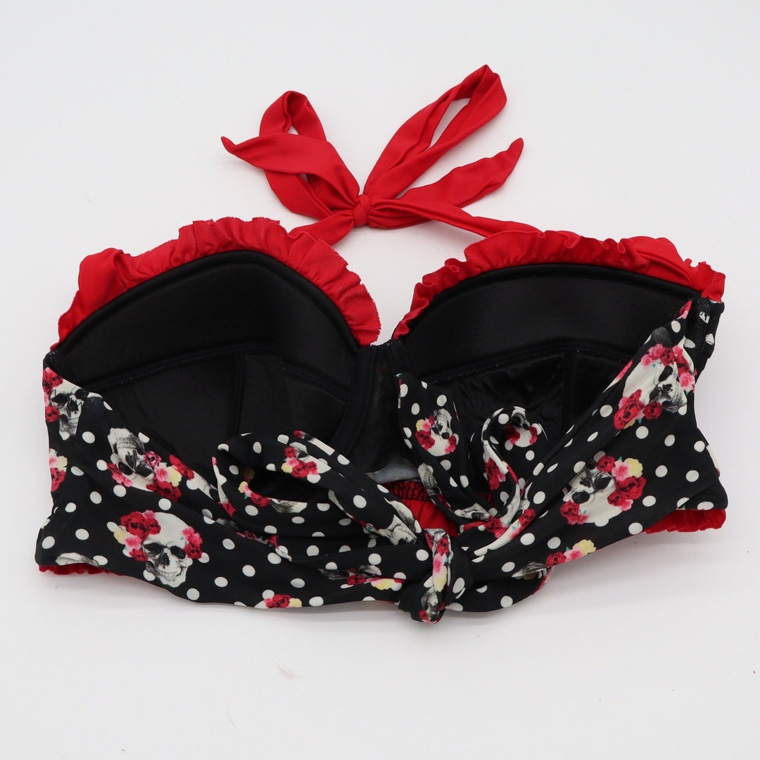 Hot Topic Bikini Top Womens M Skull Polka Dot Red Ruffle Underwire Excellent