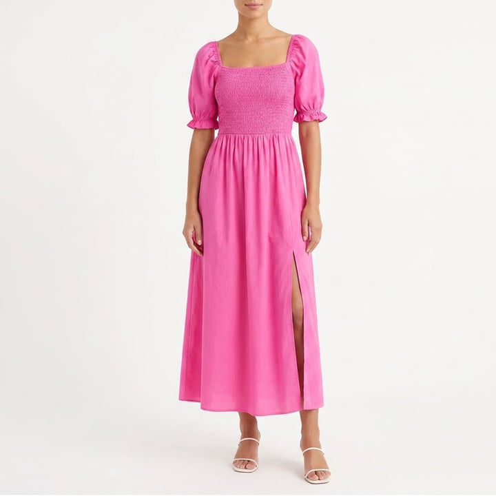 Rose Red Cotton Smocked Maxi Dress Puff Sleeve Square Neck M4K028 Size L