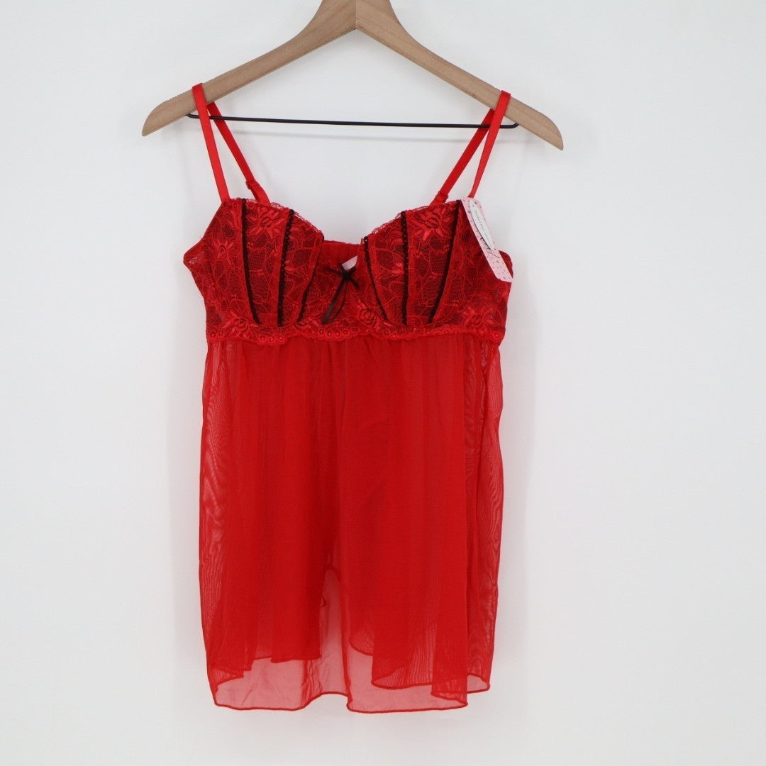 Jezebel Felina Wish Babydoll Lingerie Womens Large Red Sheer Adjustable Strap