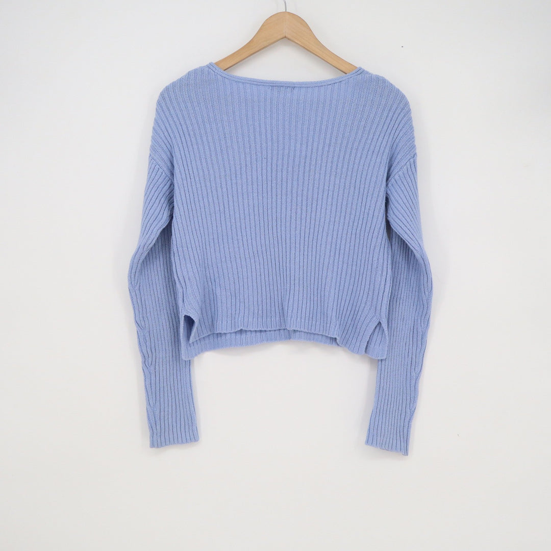 Wild Fable Womens Ribbed V-Neck Sweater Periwinkle Blue Long Sleeve Cropped
