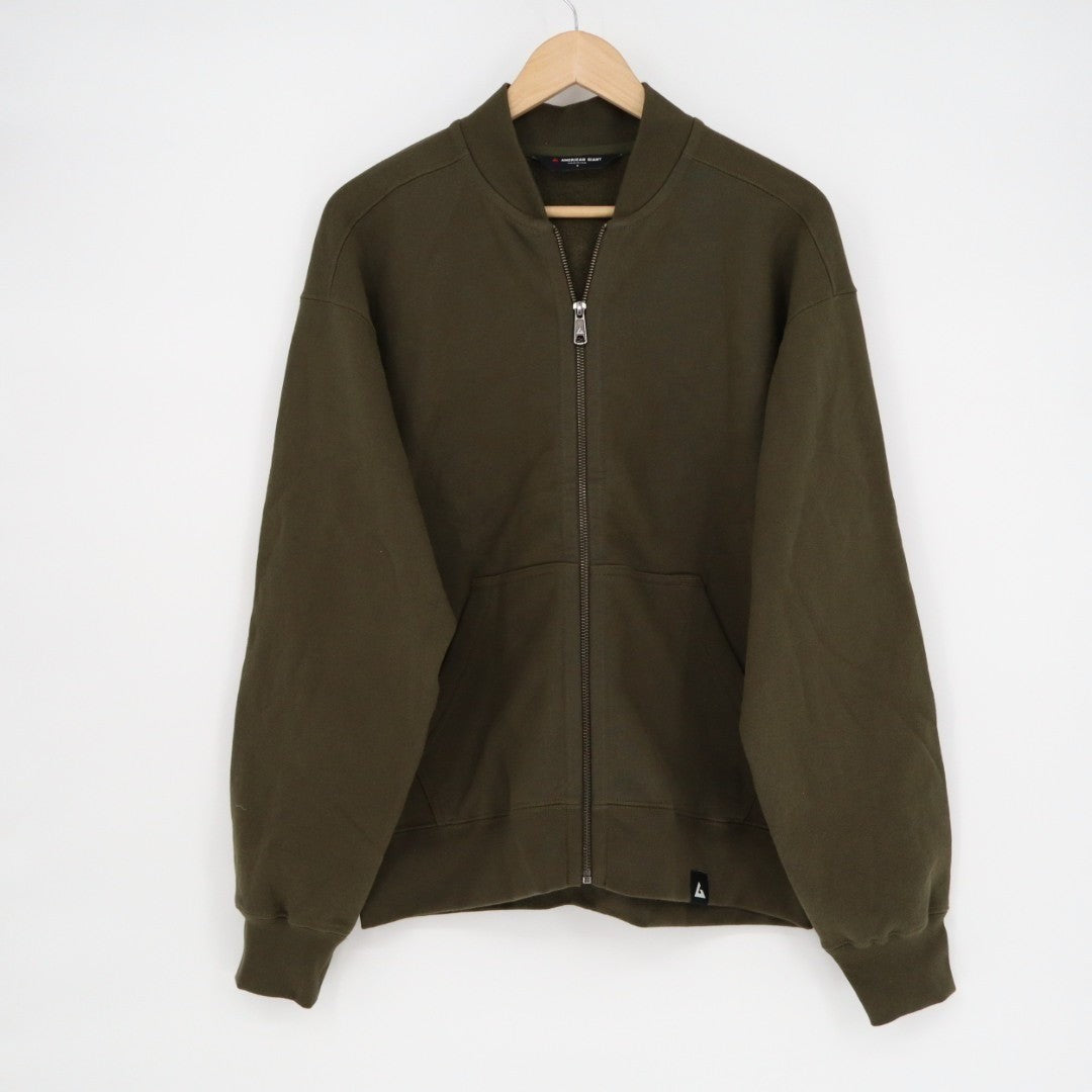 American Giant Bomber Jacket Mens Small Green Logo Fleece Lined Cotton Full Zip