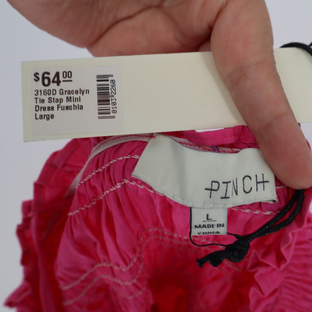 PINCH Gracelyn Tie Strap Mini Dress Fuchsia Pink Smocked Tiered Ruffle Large
