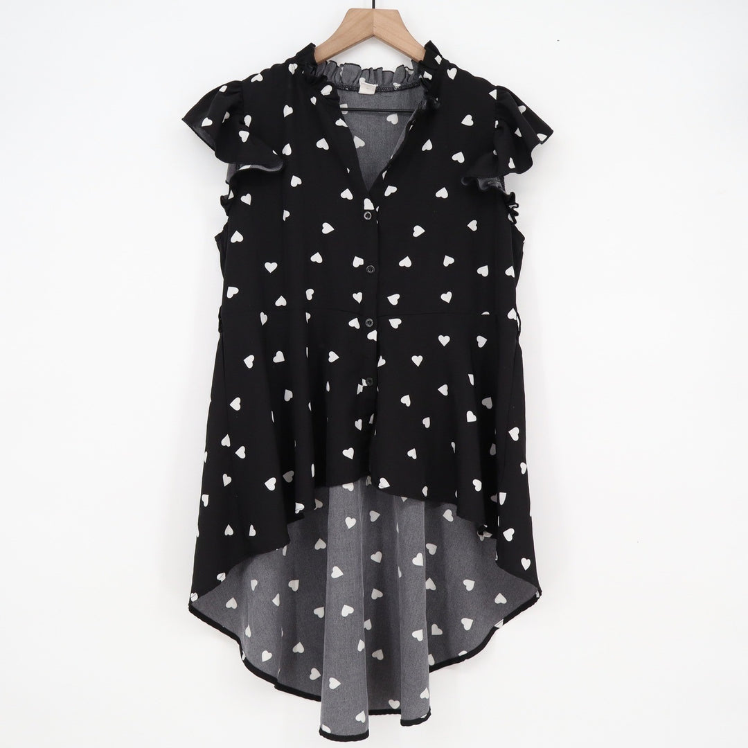 SHEIN Teen Black Heart Print High Low Button Front Ruffle Flutter Sleeve Top 16Y