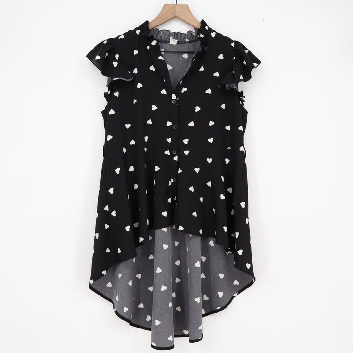 SHEIN Teen Black Heart Print High Low Button Front Ruffle Flutter Sleeve Top 16Y