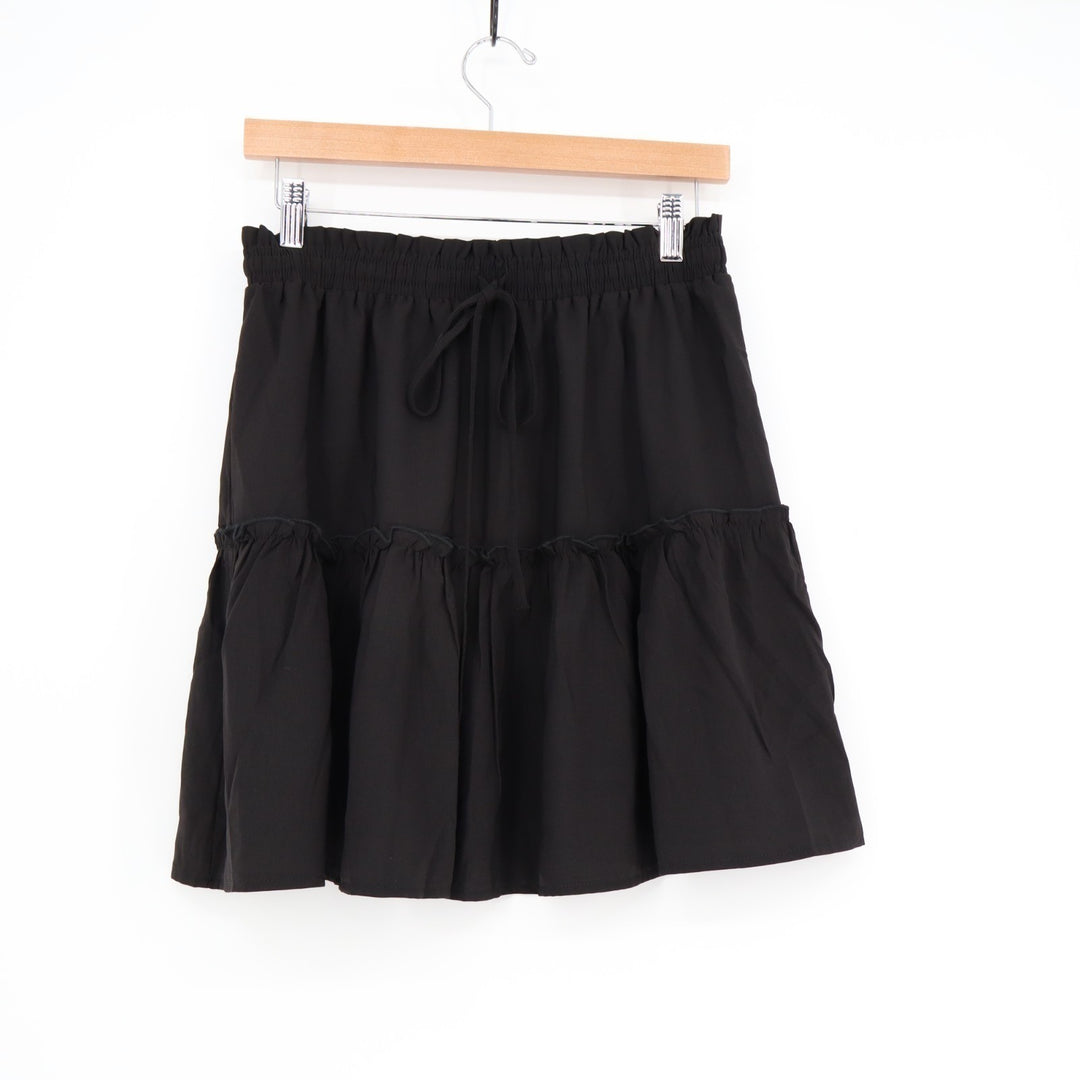 Mini Skirts Womens Medium Black Pleated Elastic Waistband Dusk Tiered Tie Detail