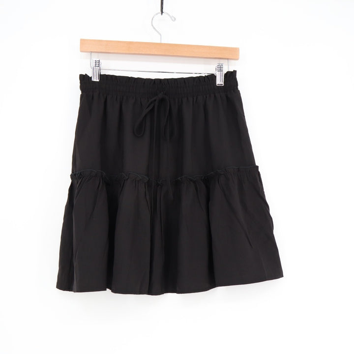 Mini Skirts Womens Medium Black Pleated Elastic Waistband Dusk Tiered Tie Detail