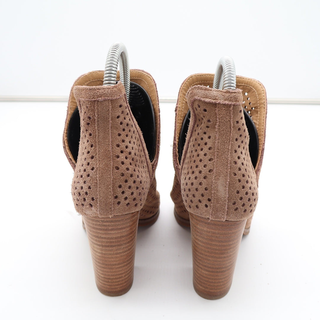 Lucky Brand Larise Tan Perforated Suede Peep Toe Booties Stacked Heel Size 6M