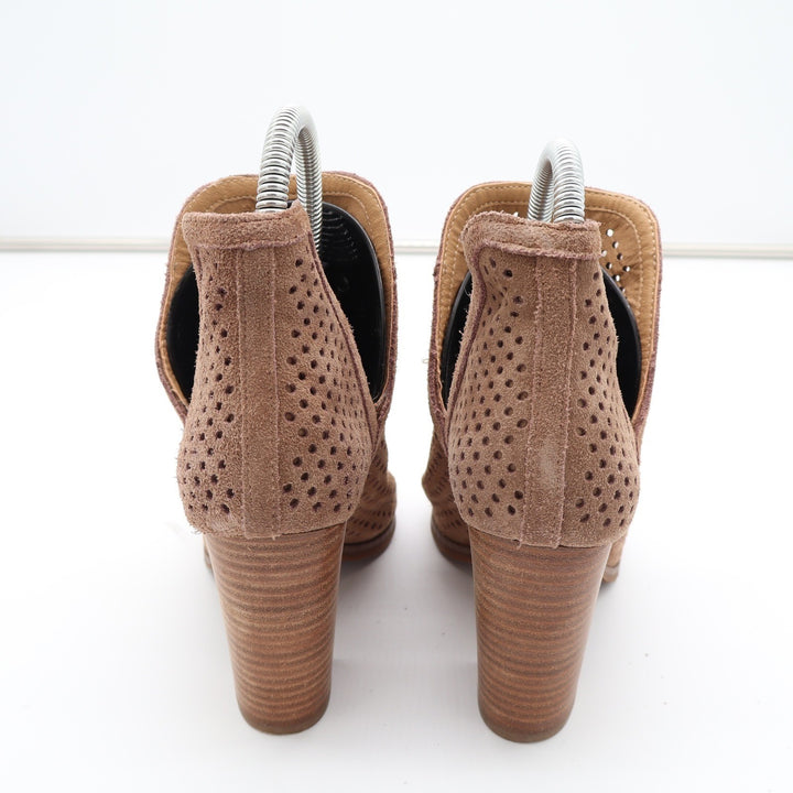 Lucky Brand Larise Tan Perforated Suede Peep Toe Booties Stacked Heel Size 6M