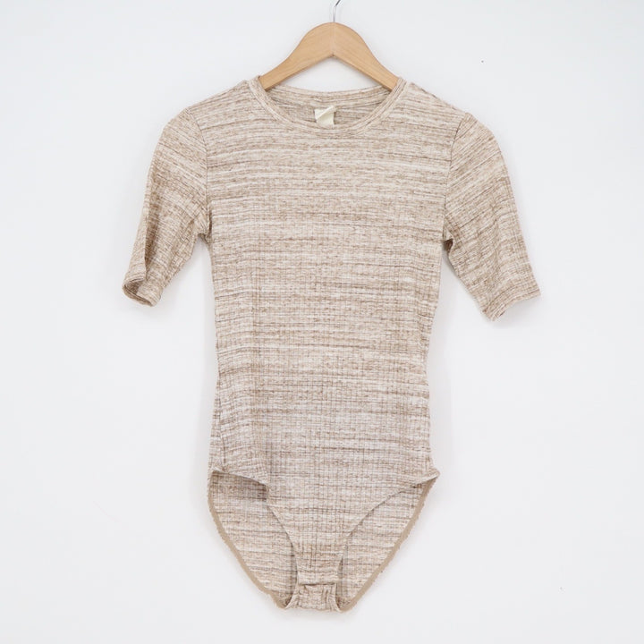 HM Basics Ribbed Knit Bodysuit Beige Tan Marled Short Sleeve Crew Neck Small