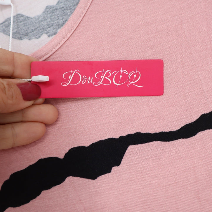 DouBCQ Dress Womens M Fit & Flare Pink Black Striped Pockets Short Sleeve NEW