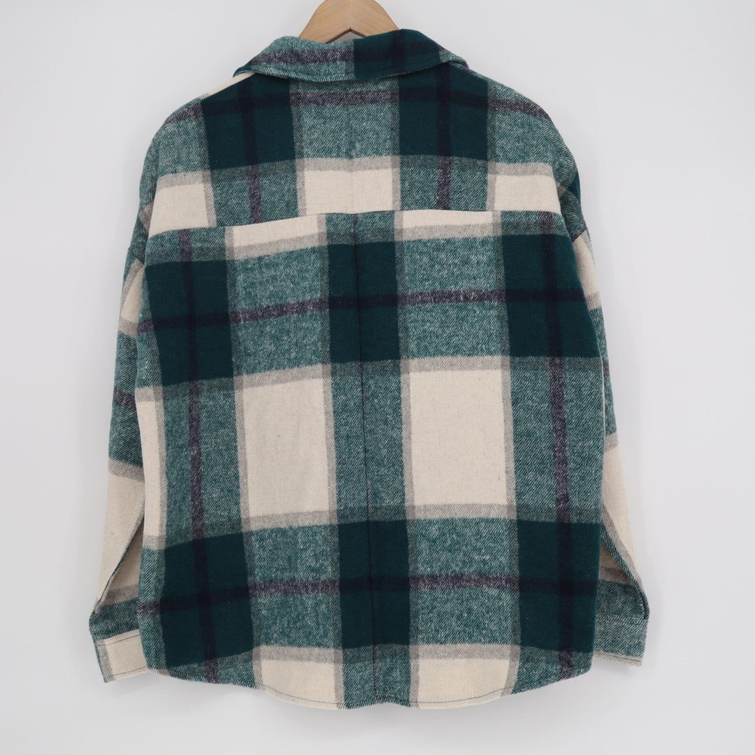 DOROSE Womens Green Plaid Oversized Flannel Shacket Button Down Jacket Large