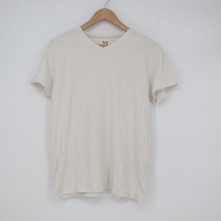 New York & Company Womens Cream Cotton Spandex V-Neck Short Sleeve Tee Shirt L