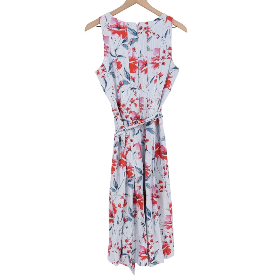 Ivanka Trump Midi Dress Womens 8 Blue Floral Sleeveless Waist Belt Back Zip