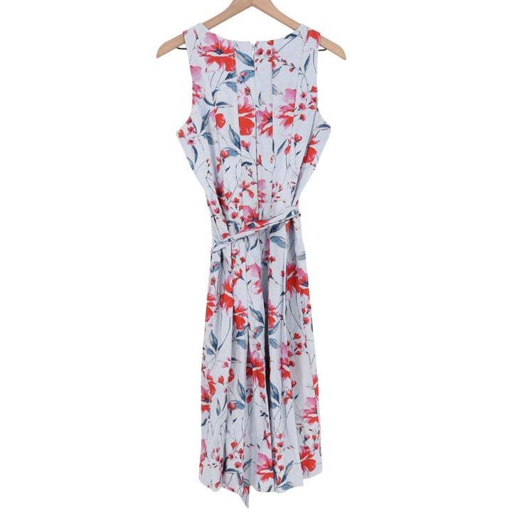 Ivanka Trump Midi Dress Womens 8 Blue Floral Sleeveless Waist Belt Back Zip