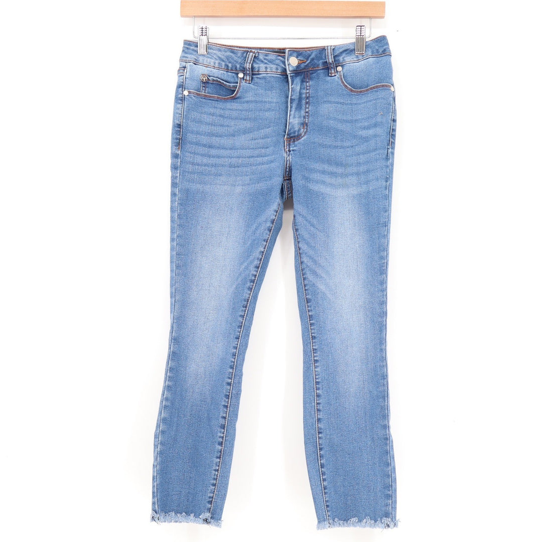 Tahari Chloe Fit Solution Skinny Jeans Medium Wash Blue Raw Hem Size 4/27
