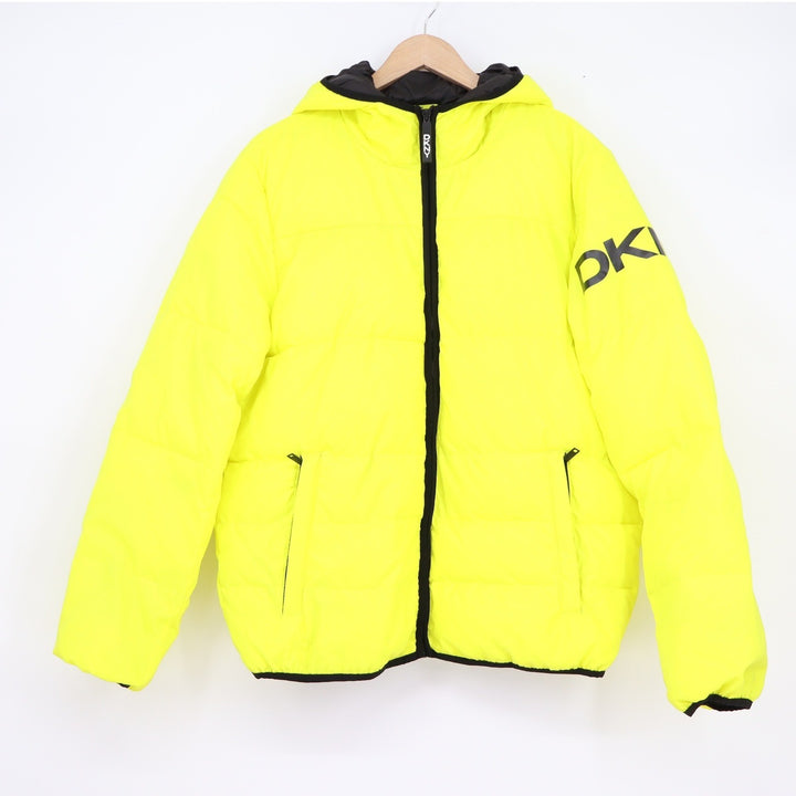 DKNY Mens Neon Yellow Hooded Puffer Jacket Logo Sleeve Full Zip Medium