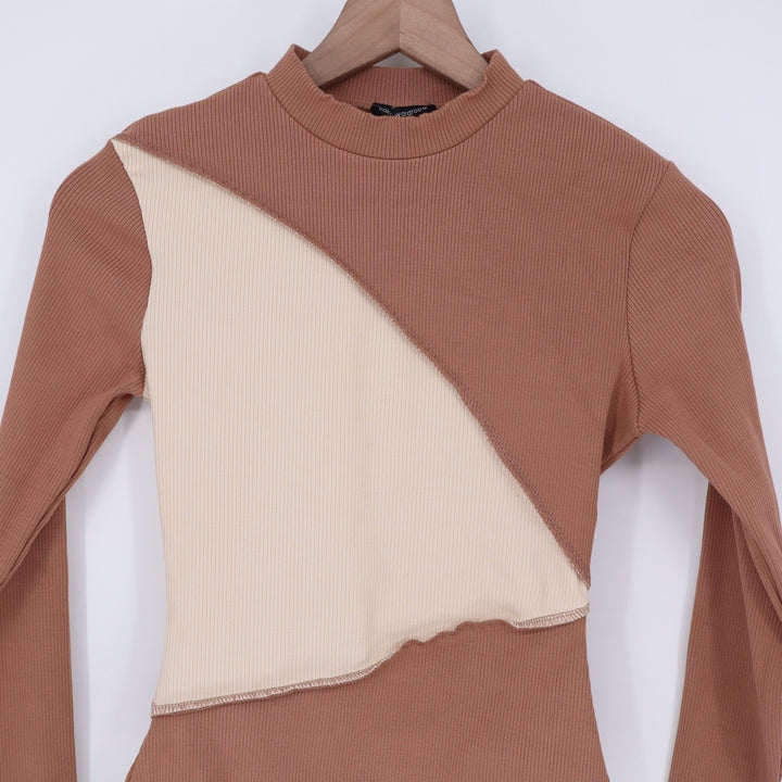 Naked Wardrobe Womens Ribbed Color block Mock Neck Bodysuit Coco Oatmeal L