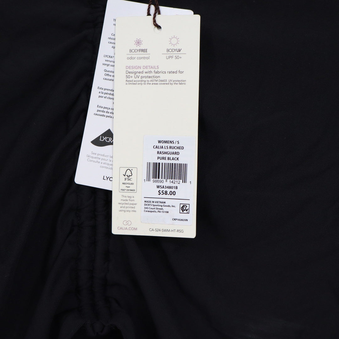 Calia Womens S Ruched Rashguard Long Sleeve Cropped Swim Top Black