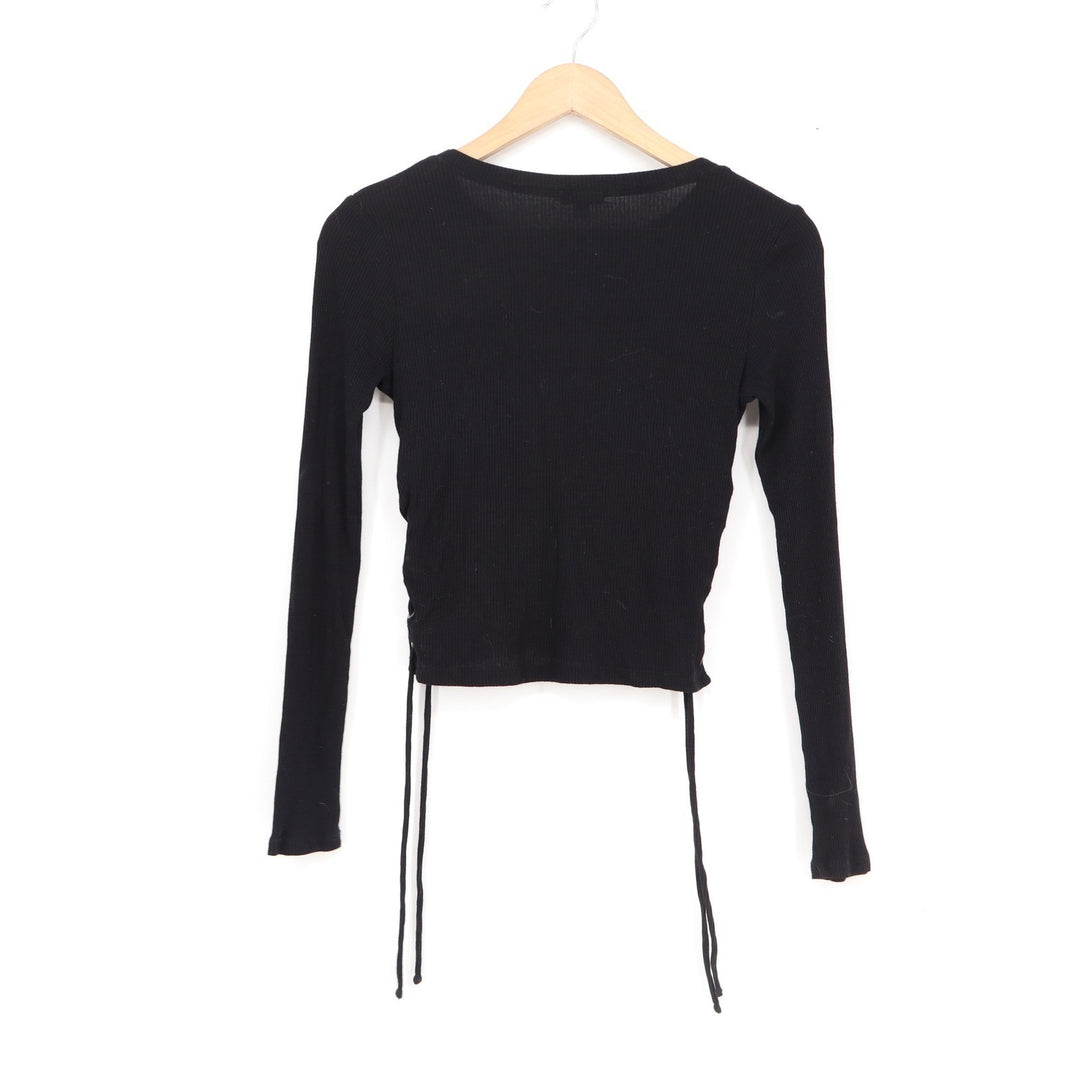 Splendid Womens XS Black Ribbed Long Sleeve Lace Up Side Top Crew Neck