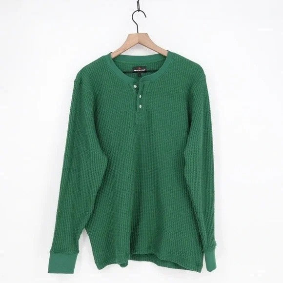 American Giant T-Shirt Men M Hunter Green Cotton Stretch Waffle Knit Henley Neck