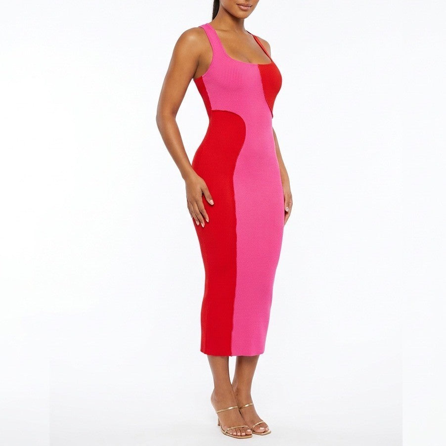 Naked Wardrobe Pink Red Colorblock Ribbed Racerback Midi Dress XS