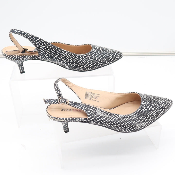 JustFab Mariona Black White Textured Slingback Kitten Heels Size 8.5 Pointed Toe