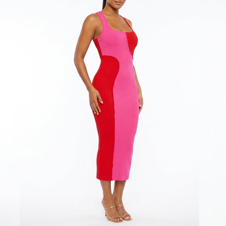 Naked Wardrobe Pink Red Colorblock Ribbed Racerback Bodycon Midi Dress Small