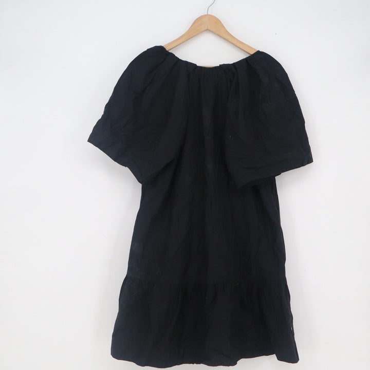 A New Day Womens XL Black Cotton V-Neck Puff Sleeve Tiered Mini Babydoll Dress